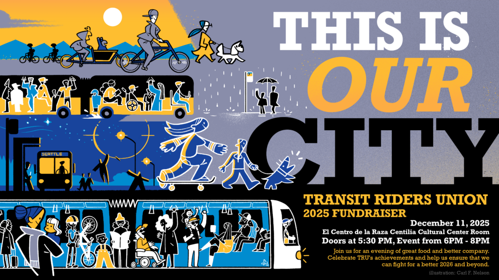 TRU's 2025 fundraiser logo showing a lot of people in a line art style walking, rolling, and taking transit, with the words "This Is Our City" in large print to the right and event details in the bottom right.