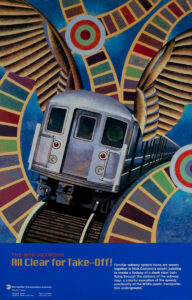 Abstract MTA poster with text “All Clear for Take-Off”, artist Nick Gaetano